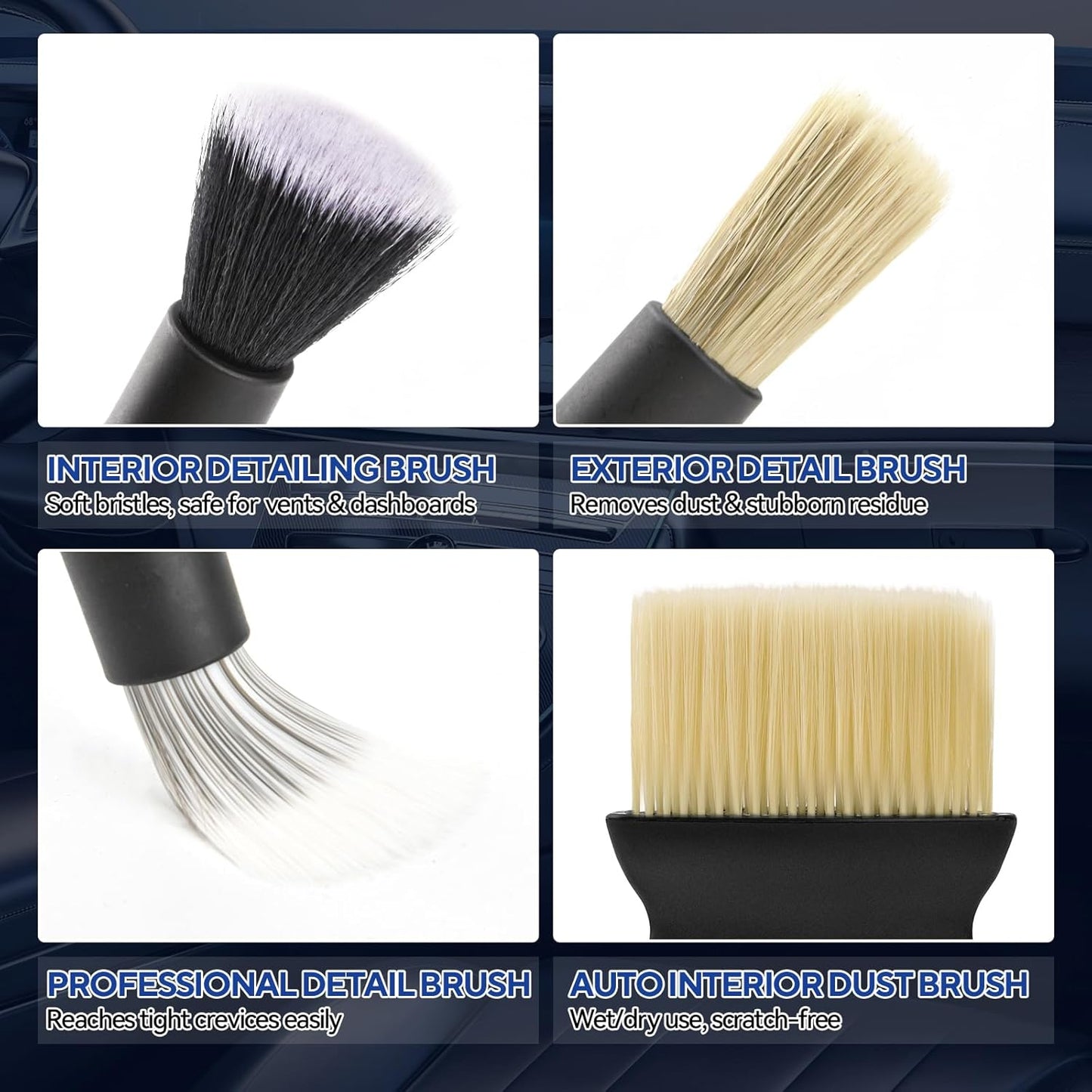 4PCS Car Detailing Brush Kit - Ultra Soft Boars Hair Car Interior Detailing Brushes, Includes 4 Different Brushes, Multi-use for Cleaning Interior or Exterior - Perfect Car Accessory Gift