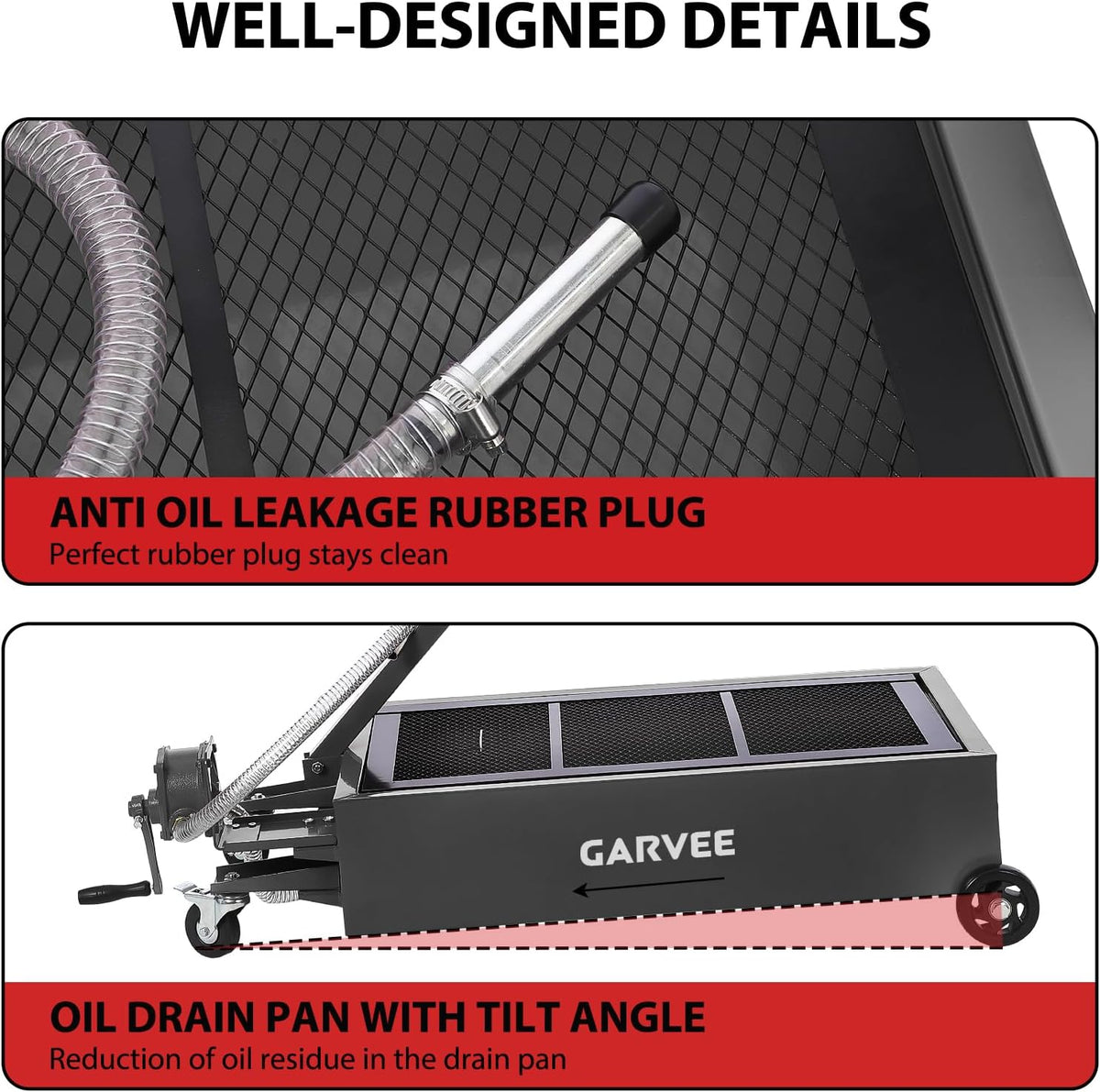 Garvee 20 gal Oil Drain Pan Oil Drain Tank, 76 L Low Profile Oil Drain Pan, Large Capacity Oil Change Pan with Manual Pump & T Foldable Hand and Wheels, 8 ft Hose Oil Drain Cart for Car, SUV, Trucks