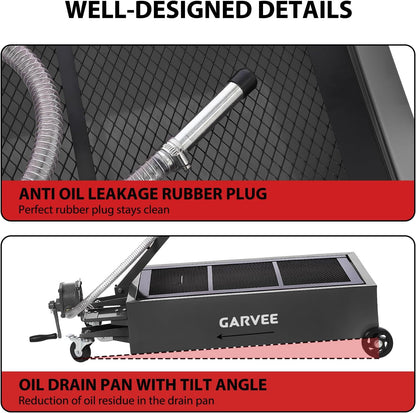 Garvee 20 gal Oil Drain Pan Oil Drain Tank, 76 L Low Profile Oil Drain Pan, Large Capacity Oil Change Pan with Manual Pump & T Foldable Hand and Wheels, 8 ft Hose Oil Drain Cart for Car, SUV, Trucks