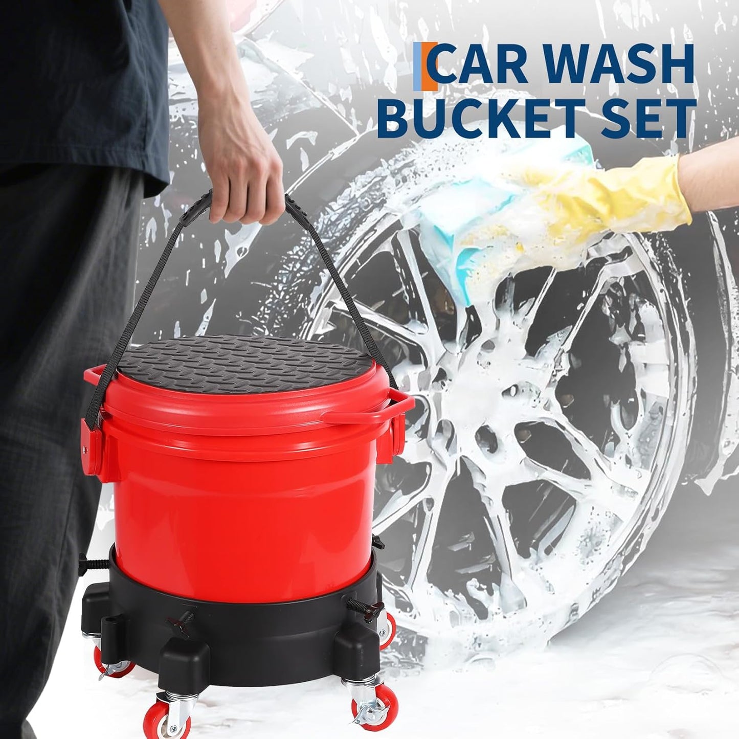 5 Gallon Car Wash Bucket Kit, 300LB Capacity Washing System with 5-Wheel Rolling Dolly, 15.5L Bucket, Grit Trap & Lid, Mobile Detailing Station for Car Wash (Red/Black)