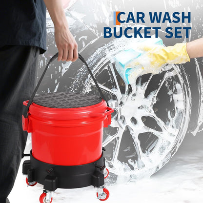 5 Gallon Car Wash Bucket Kit, 300LB Capacity Washing System with 5-Wheel Rolling Dolly, 15.5L Bucket, Grit Trap & Lid, Mobile Detailing Station for Car Wash (Red/Black)