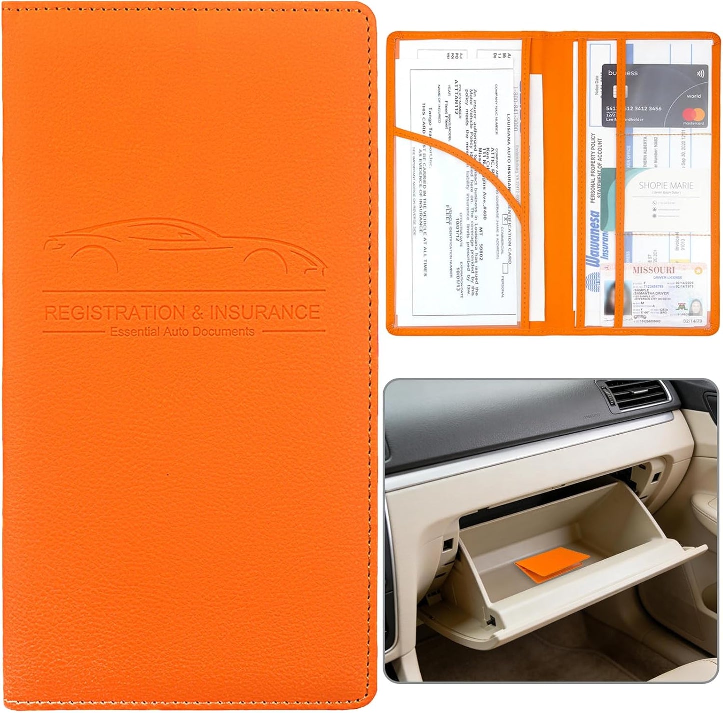 Car Registration and Insurance Holder, Premium Pu Leather Vehicle Glove Box Organizer - for Driver License, Cards & Essential Documents (L-Orange)