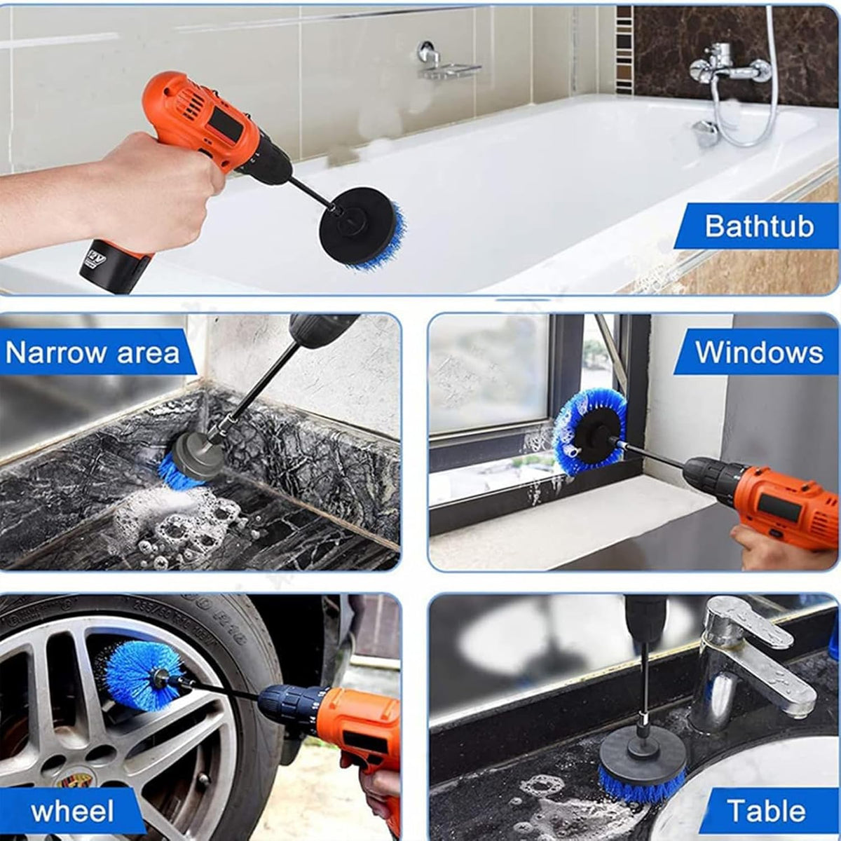 8 Pcs Drill Brush Attachment Set, Power Cleaning Scrub Brush Kit with Extend Long Attachment, All Purpose Drill Scrub Brushes for Car, Grout, Floor, Tub, Bathroom and Kitchen (Yellow)