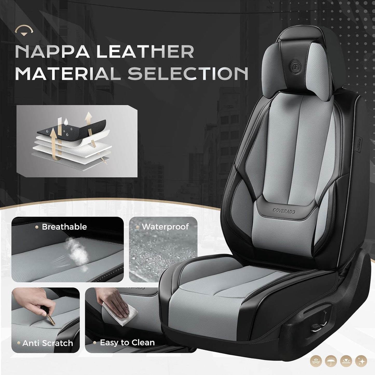 Coverado Seat Covers Full Set, Black Seat Covers for Cars 5 Seats, Car Seat Protector, Waterproof Nappa Leather Car Seat Cushion, Front and Rear Car Seat Cover Fit for Most Sedans SUV Pick-up Truck - Colors B