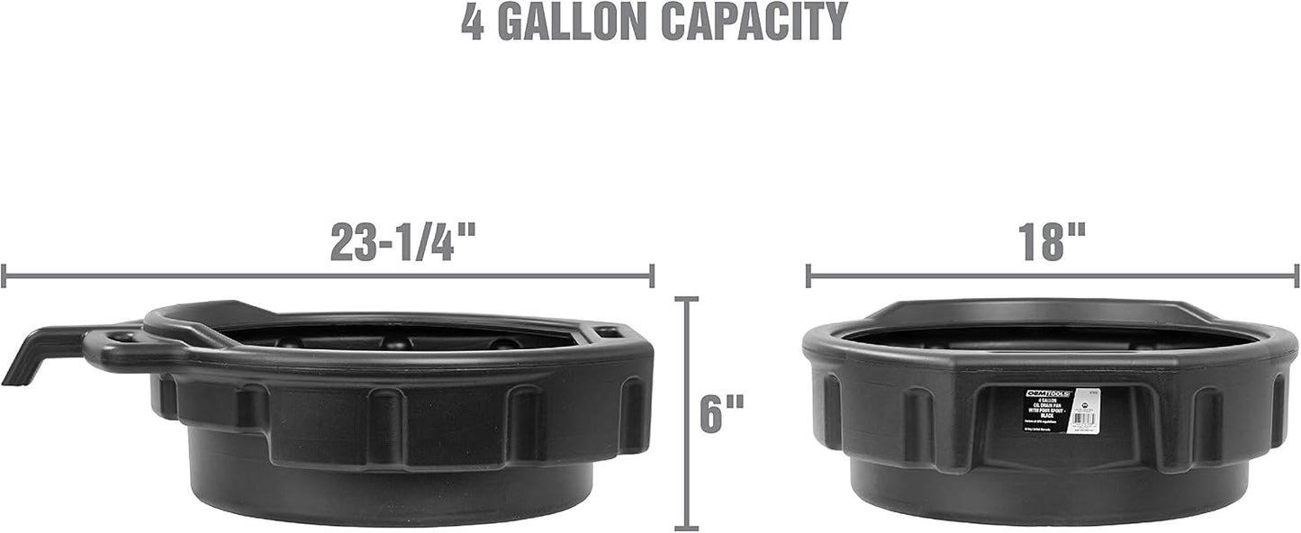 OEMTOOLS 87034 Oil Drain Pan, 4 Gallon Oil Pan, Heavy Duty Polyethylene, Pour Spout, No-Splash Lip, 3 Ergonomic Handles, Stackable Design