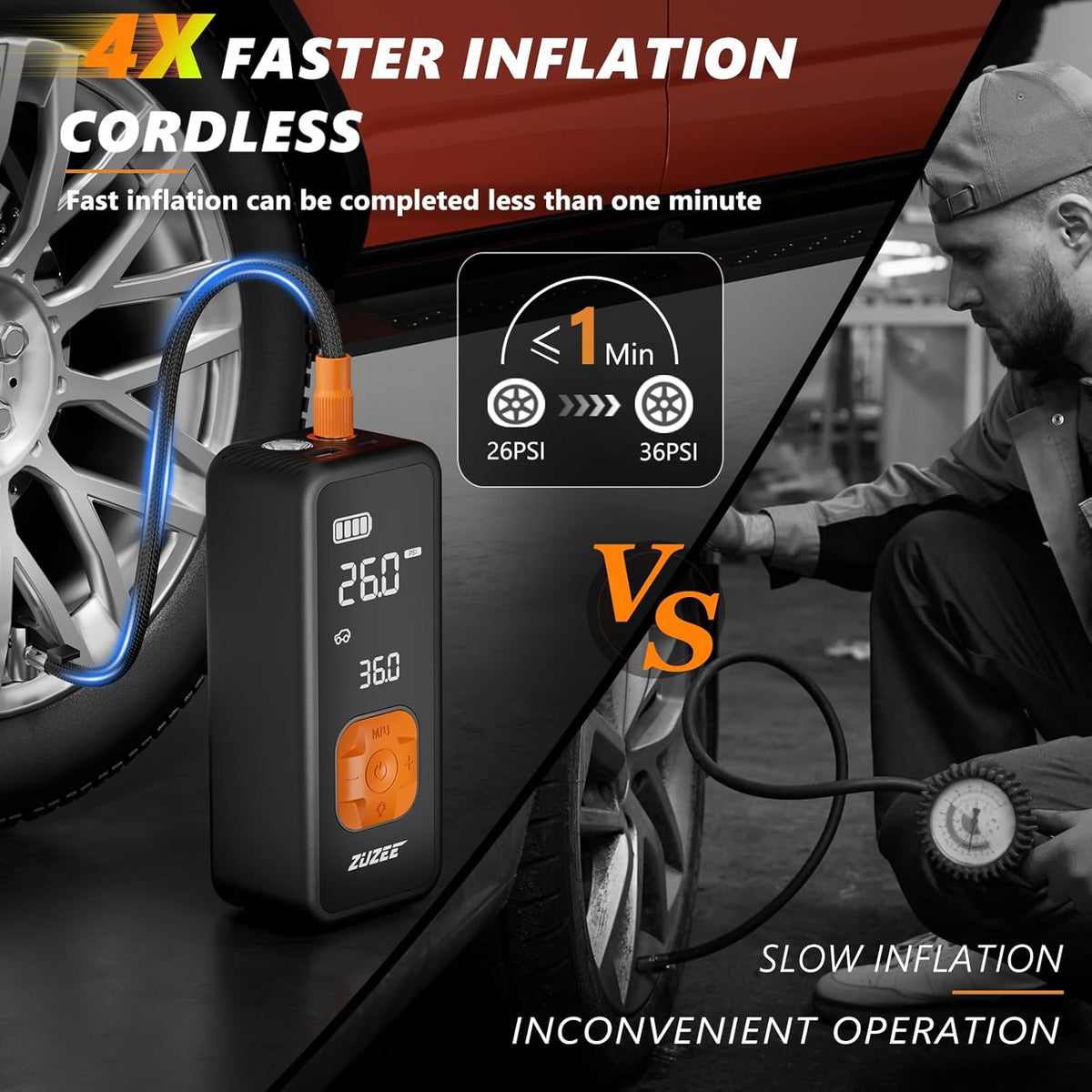 ZUZEE Tire Inflator Portable Air Compressor - 4X Faster Inflation, 150PSI Air Pump for Car Tires with Digital Pressure Gauge/LED Light, Portable Tire Inflator for Car, Moto, Bike, Ball, etc
