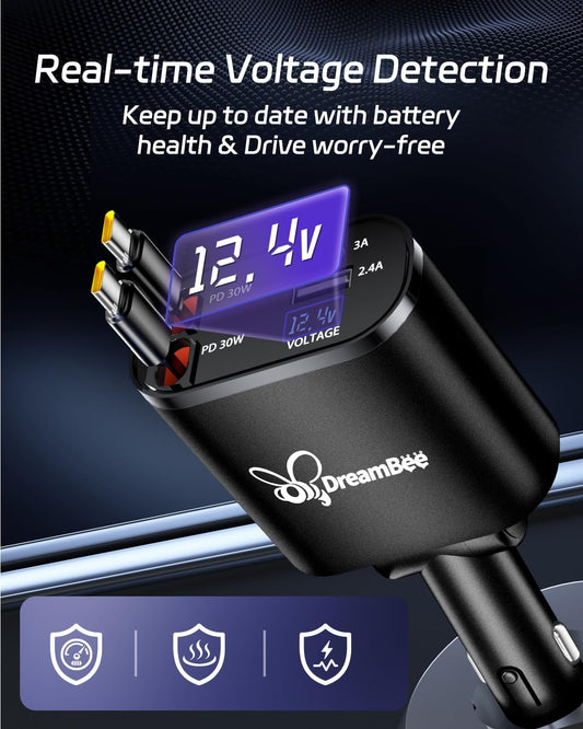 DreamBee Retractable Car Charger,66W Super Fast USB Car Phone Charger,Dual TypeC Retractable Cables Gifts for Men Women Car Truck Accessories for Samsung Galaxy S23+/S23,iPhone 17/16/15/ Pro Max, iPad