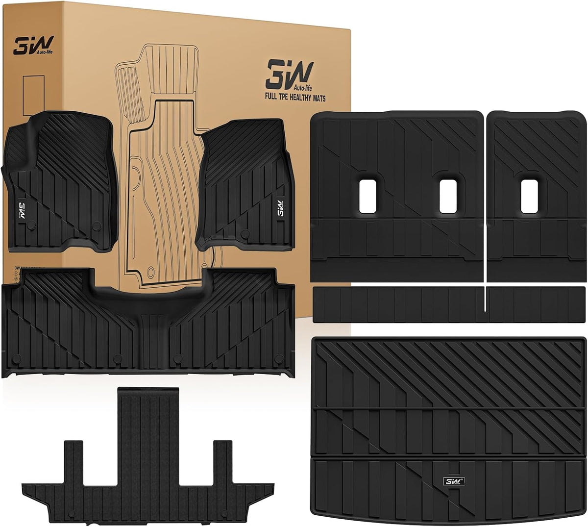 3W Floor Mats & Cargo Liner Fit for 2021 2022 2023 2024 2025 2026 Chevy Tahoe/GMC Yukon/Cadillac Escalade 7 Seat, TPE All Weather Custom Fit Car Accessories Heavy Duty Rubber Full Set Trunk Mats - Colors A