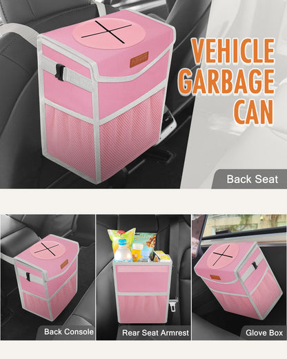 Pritent Car Trash Can with Lid, Cute Leakproof Car Trash Garbage Bag Hanging Vehicle Trash Bin Small Portable Automotive Garbage Cans Organizer for Back/Front Seat/Console(Trapezoid,Black)