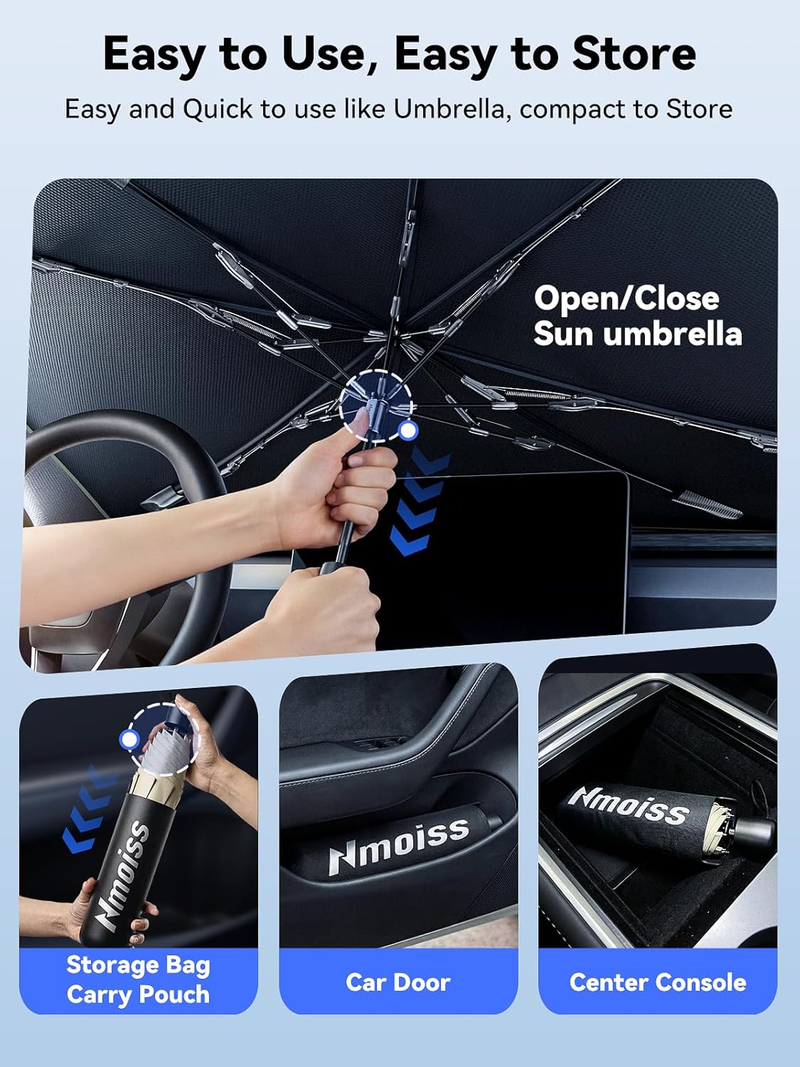 [Upgraded] Nmoiss Windshield Sun Shade Umbrella - [Vinyl Coating Heat Shield] Protect Car from Sun Rays & Heat Damage Keep Cool and Protect Interior, Spring Structure Edge Medium 56" L x 31" W