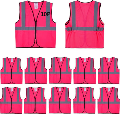 Safety Vests 10 Pack - Yellow Reflective High Visibility Construction ANSI Class 2 Work Vest for Men,Woman,Hi Vis Vest Mesh and Neon Silver Strip