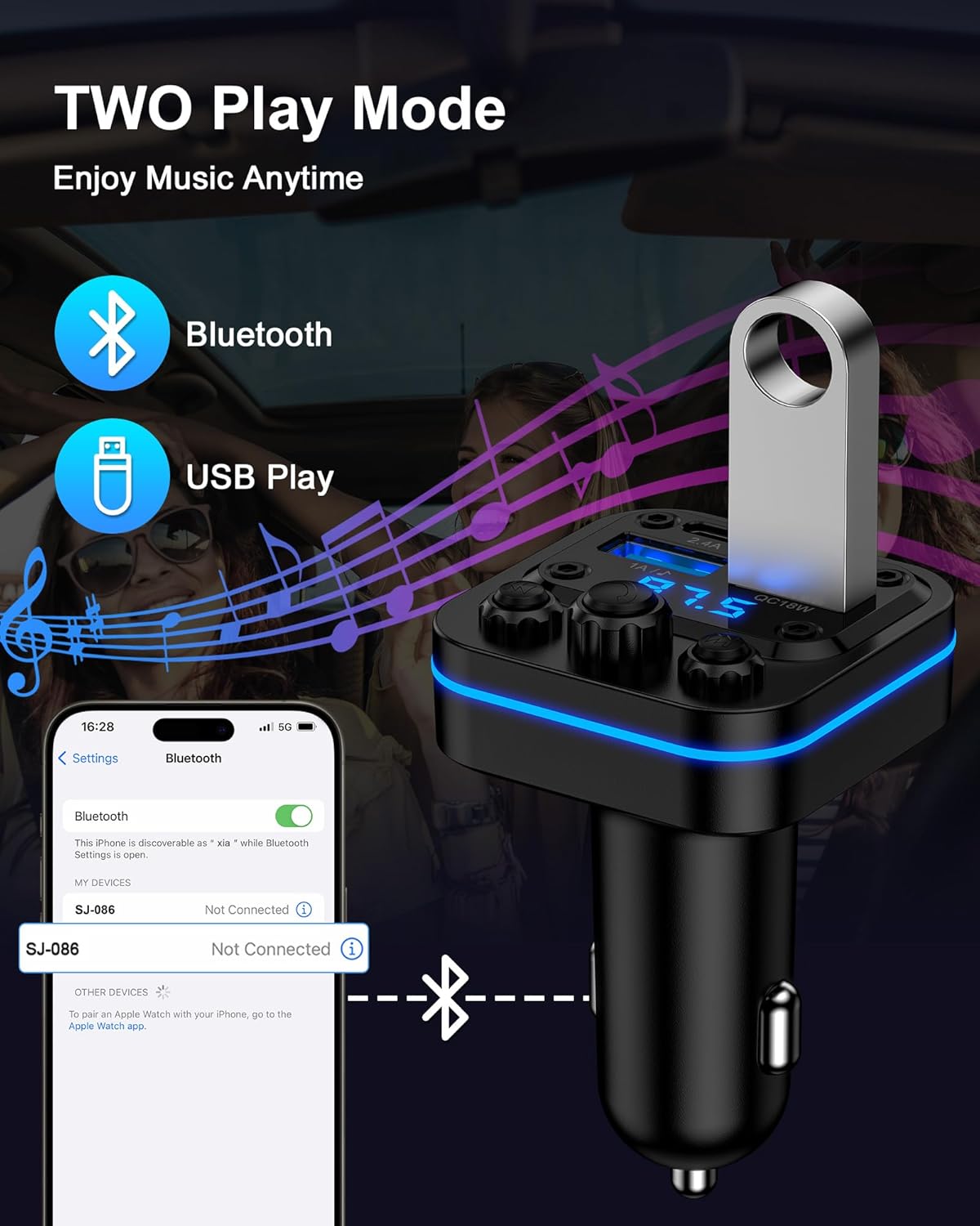 Bluetooth Fm Transmitter for Car, 54w Fast Charging, Blue Tooth 5.4 Car Charger USB-C USB-A Multi Ports, Wireless Radio Aux Cigarette Lighter Adapter Auxiliary for Samsung Galaxy Android iPhone Apple