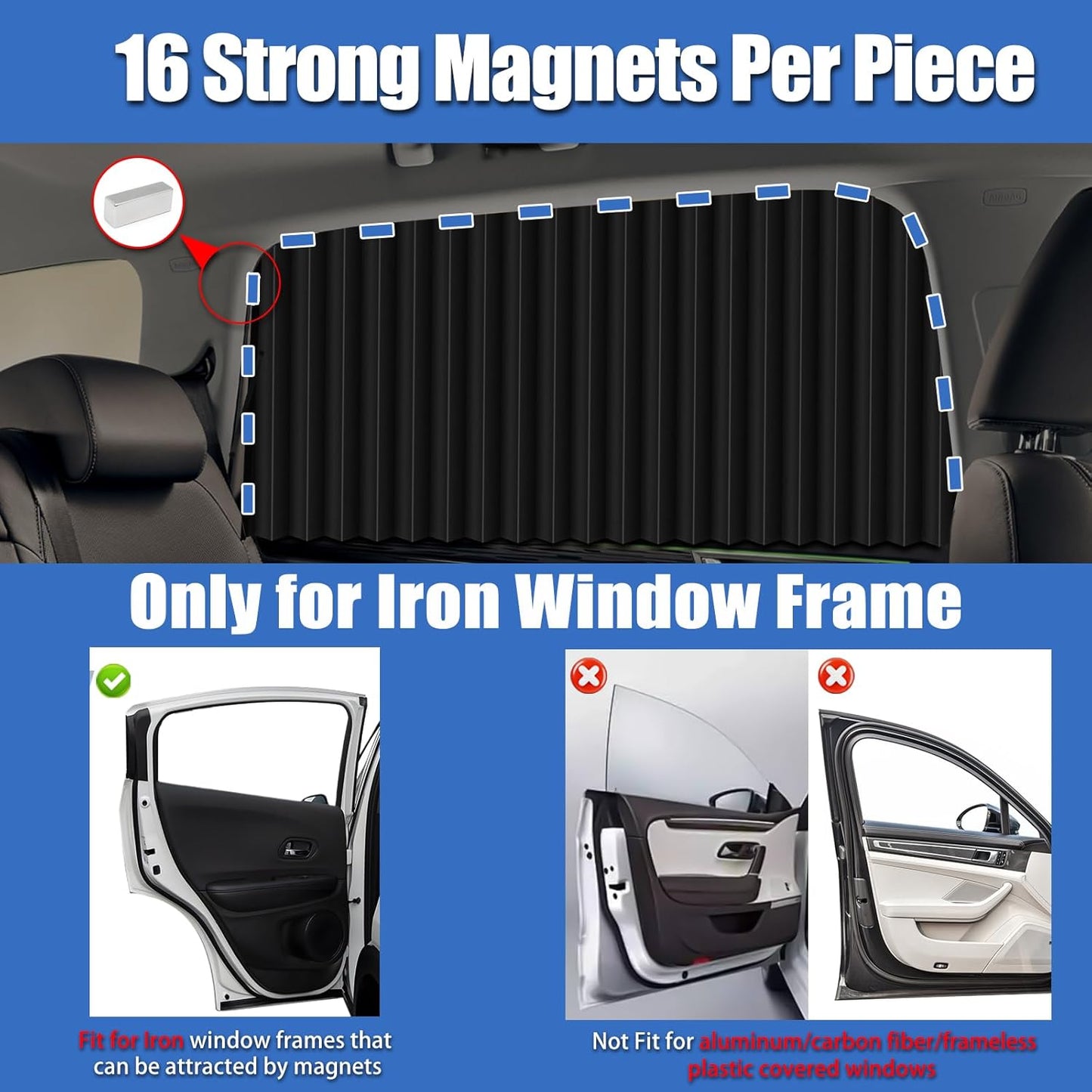 XCBYT Magnetic Car Side Window Shades 4 Pack, 100% Blackout Privacy | Blackout privacy for camping, naps & work. Keeps your car cool. Fits steel frames only, measure first. Handle magnets gently