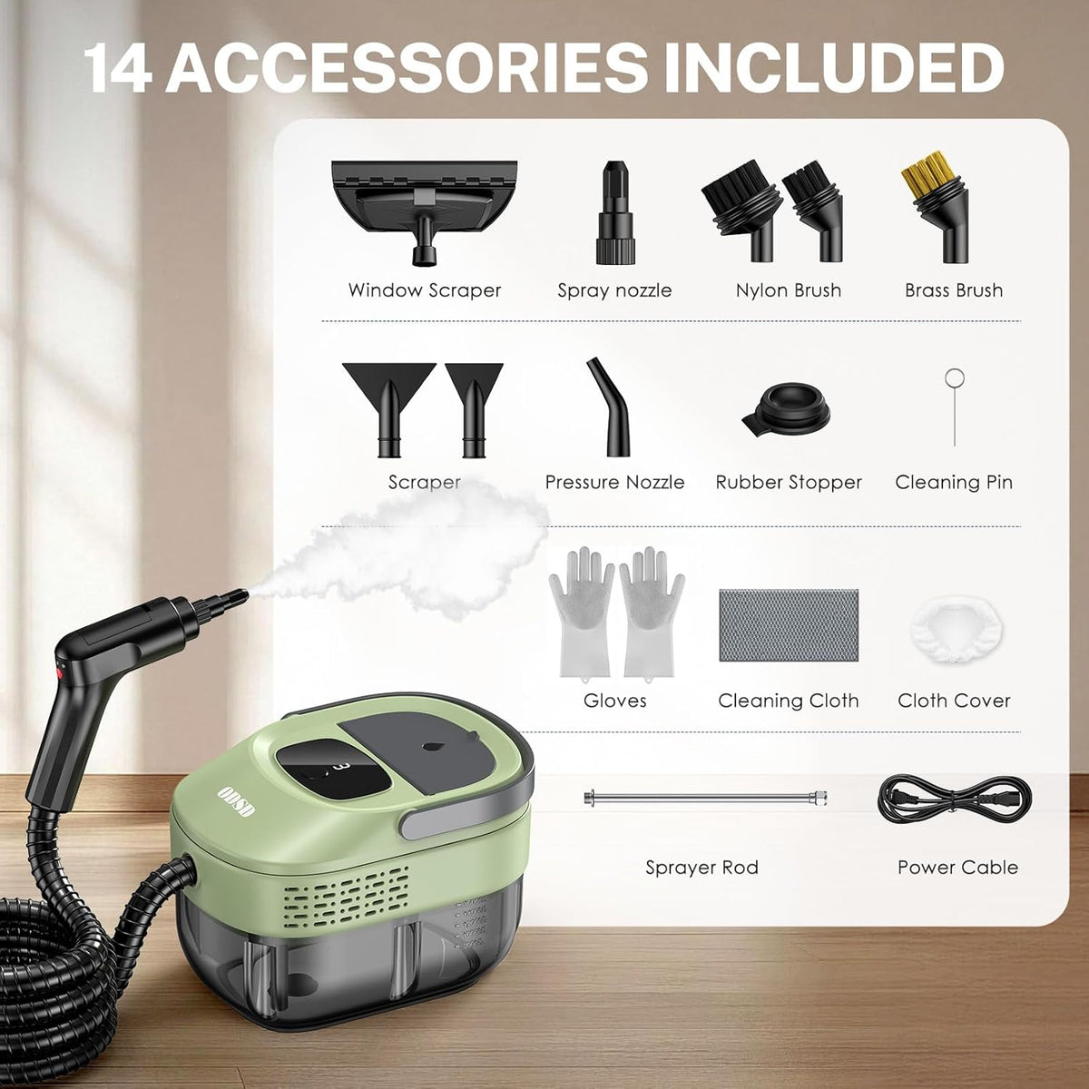 ODSD Steam Cleaner for Home & Car, 3-Level Adjustable Steamer for Cleaning, 15s Heat-Up & 1.6L Large Tank, Handheld Steam Cleaner for Car Detailing, Home, Tile, Grout,Furniture with 15pcs Accessories