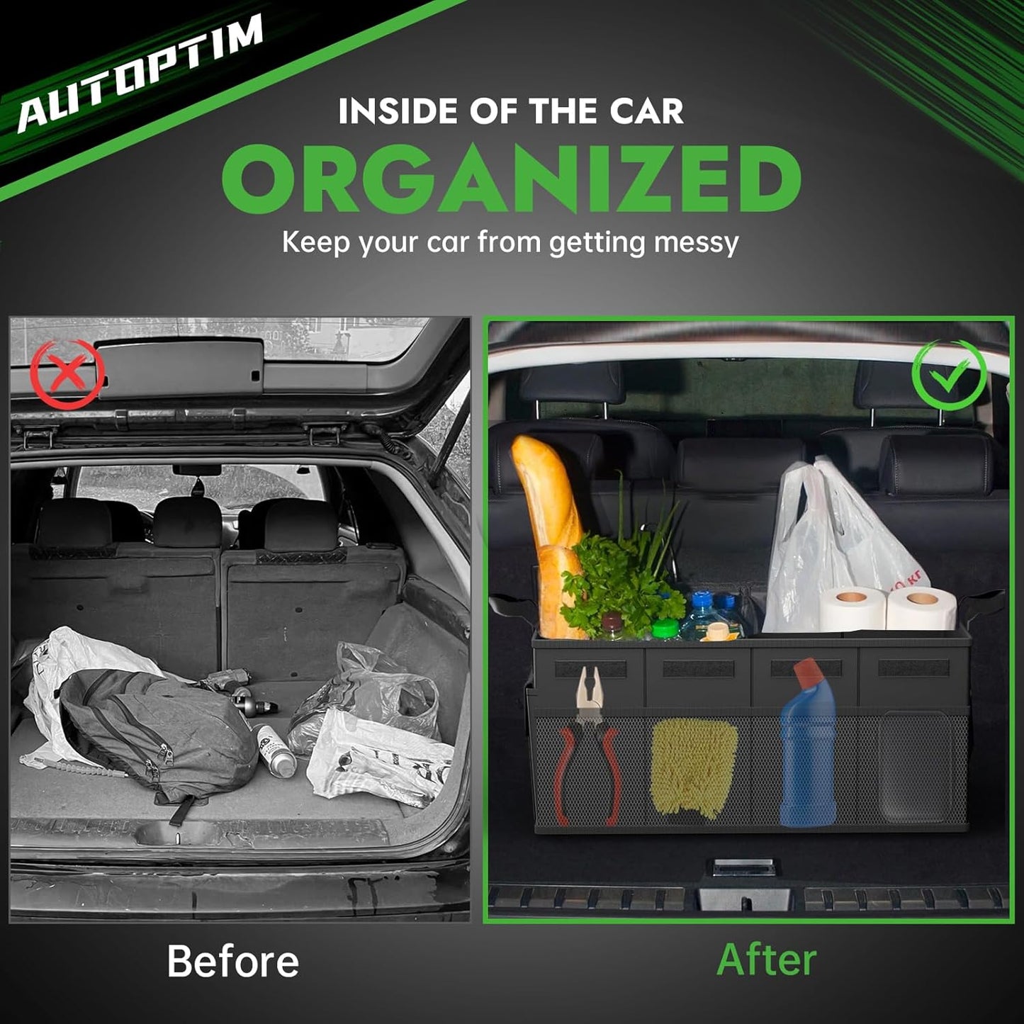 AUTOPTIM Car Trunk Organizer - Collapsible Car Organizer with Non Slip Bottom & Multiple Pockets for Groceries, Trunk Storage with Base Panel for SUV Sedan Van, 2 Compartments (Black, Small)
