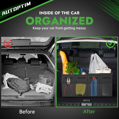 AUTOPTIM Car Trunk Organizer - Collapsible Car Organizer with Non Slip Bottom & Multiple Pockets for Groceries, Trunk Storage with Base Panel for SUV Sedan Van, 2 Compartments (Black, Small)