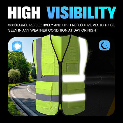 Reflective Mesh Safety Vest, Breathable Hi Vis Vest Construction Work with 5 Pockets and Zipper for Men Women