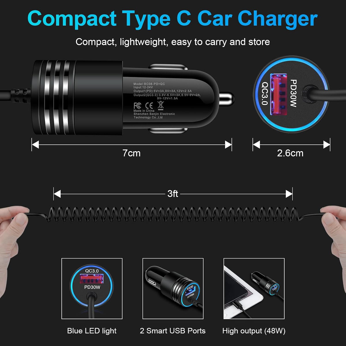 48W Super Fast Car Charger USB C Rapid Android Car Adapter with 30W Built-in Type C Fast Charging Cable for Samsung Galaxy S26 S25 S24 S23 Ultra S22 S21 S20 FE A16 A15 A14 A54 A53 A23 A13 Z Flip 7 6