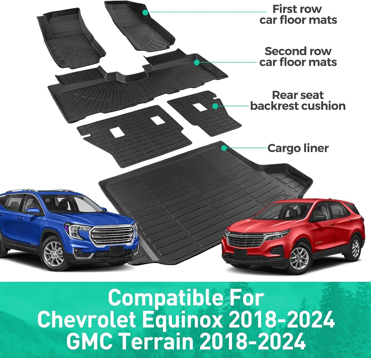 Car Floor Mats for Chevy Equinox & for Gmc Terrain: 2018 2019 2020 2021 2022 2023 2024 All Weather Rear Backrest Mats for Equinox 18-24 Rubber Black Trunk Liner Accessories for Terrain TPE Mats(6PCS)