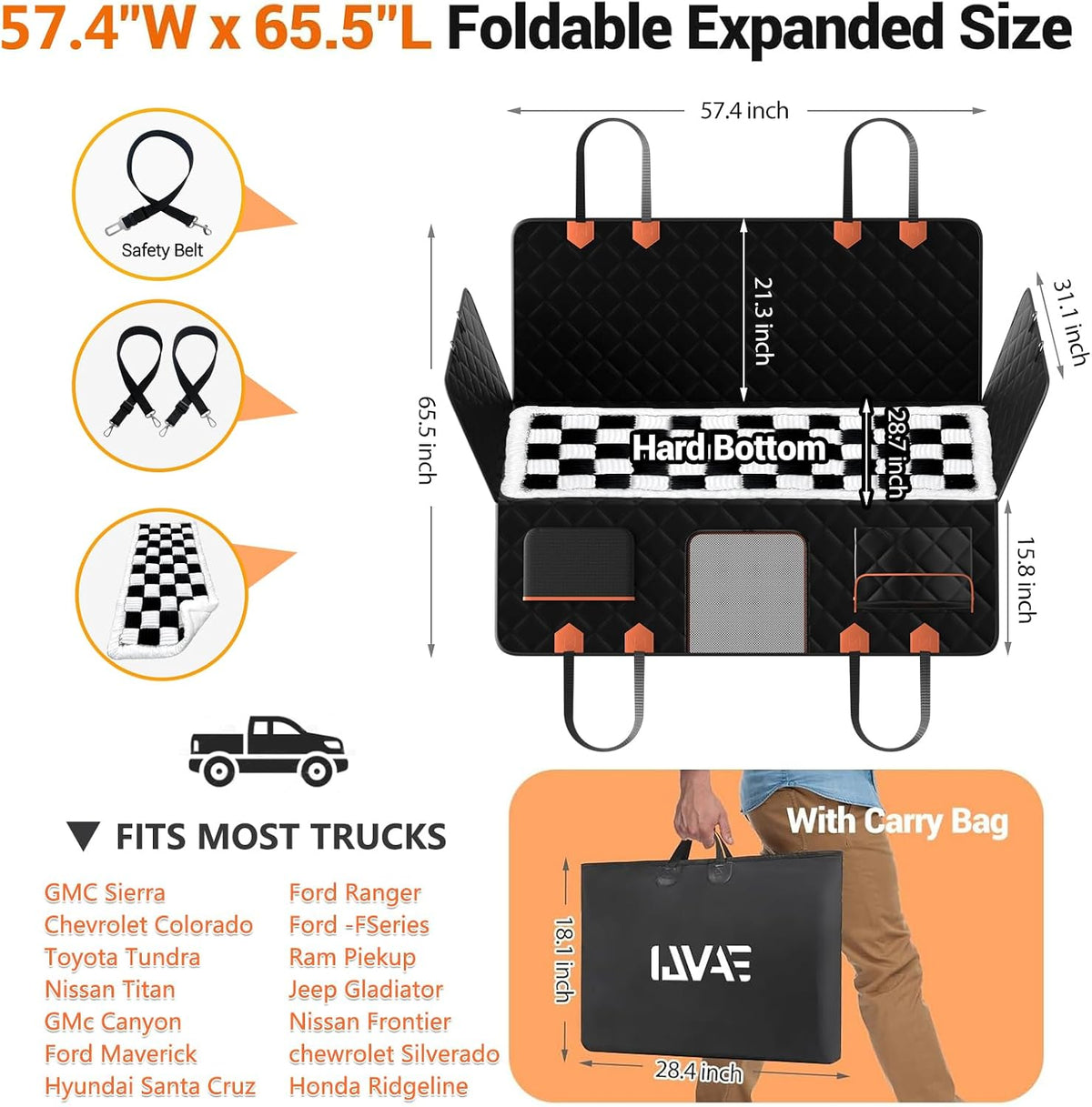 IJVAE Dog Seat Cover for Back Seat, Hard Bottom Back Seat Extender Holds 500 lbs, Waterproof & Nonslip Car Hammock for Large Pets, Comfortable Travel Seat Protector for SUV and Sedan