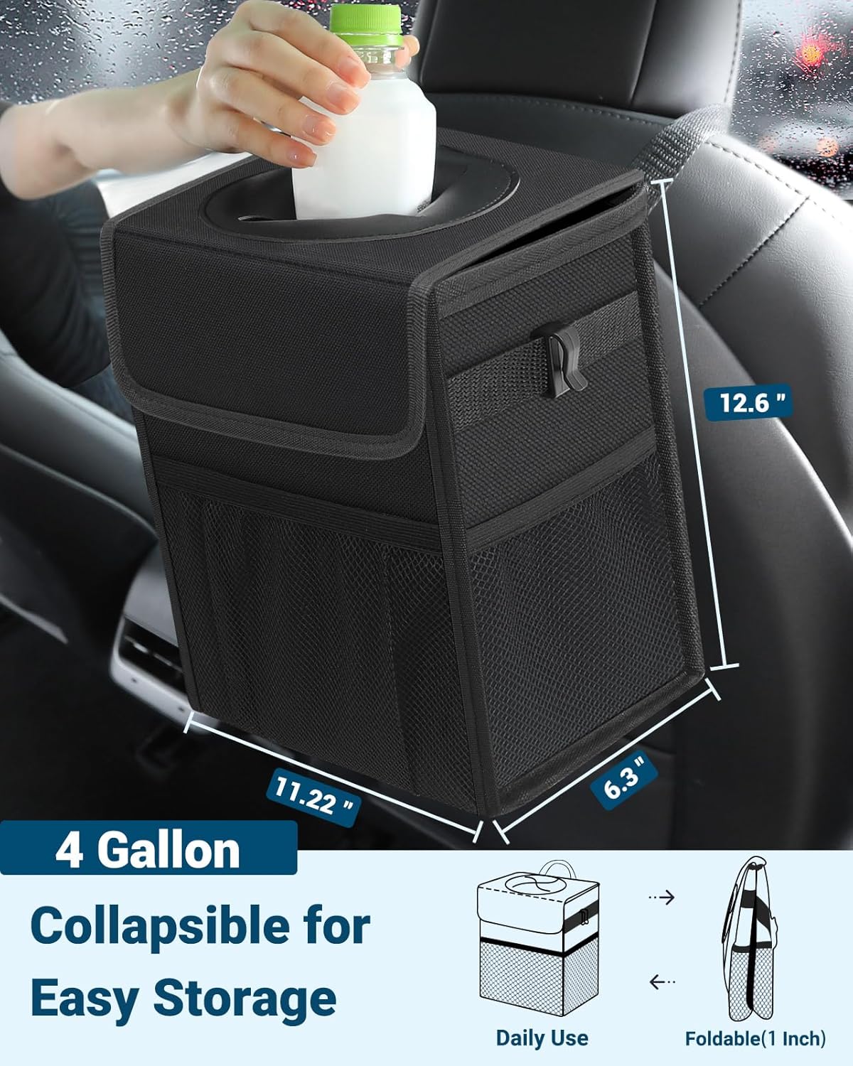 Capolo Car Trash Can with Lid, Leakproof Car Trash Bag Hanging Waterproof Automotive Garbage Can with Storage Pockets Mini Vehicle Trash Bin for Back/Front Seat(Black,2.5 Gallon)