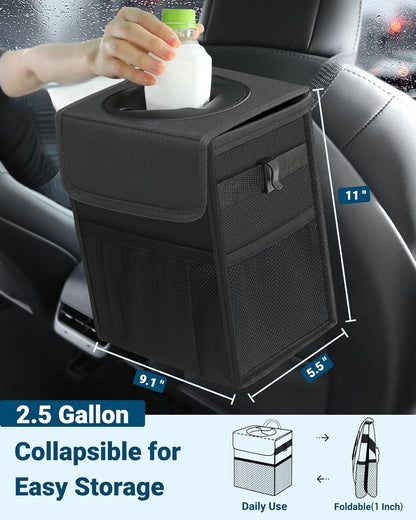 Capolo Car Trash Can with Lid, Leakproof Car Trash Bag Hanging Waterproof Automotive Garbage Can with Storage Pockets Mini Vehicle Trash Bin for Back/Front Seat(Black,2.5 Gallon)