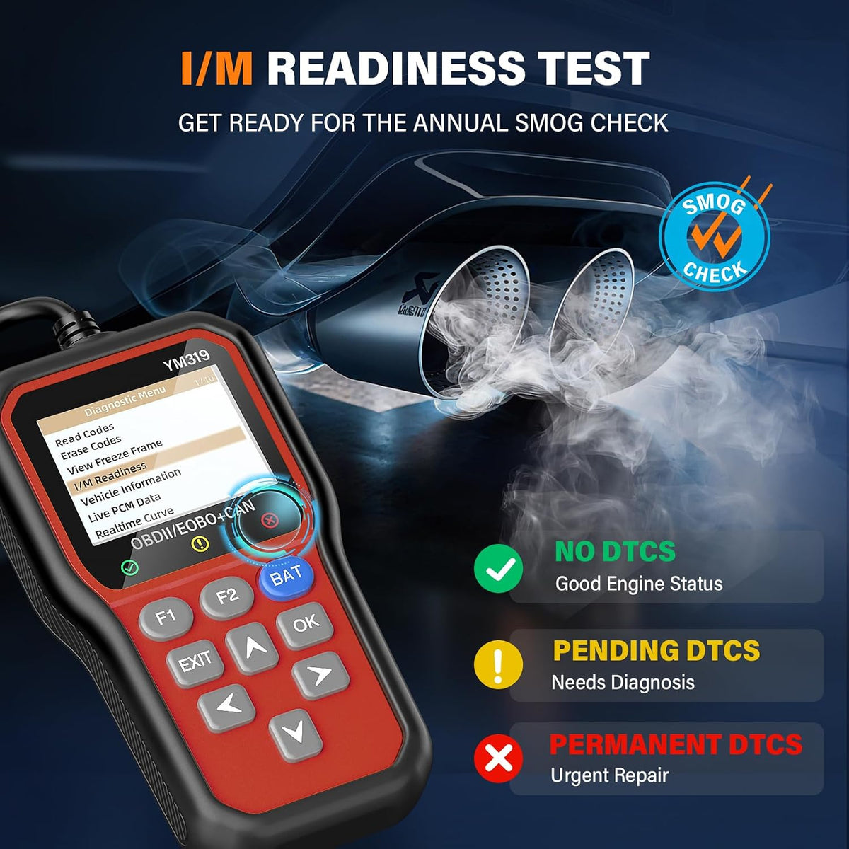 BluSon YM319 OBD2 Scanner Diagnostic Tool with Battery Tester, Check Engine Fault Code Reader with Live Data, Cloud Printing, DTC Lookup, Freeze Frame, Scan Tool for All OBDII Protocol Cars Since 1996