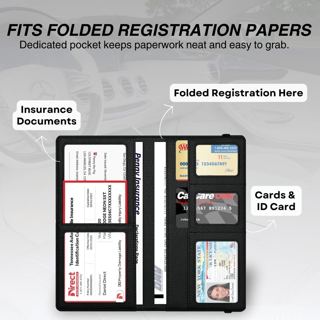 LINTRU Car Insurance and Registration Card Holder, Fits Folded Registration Papers, Double-Stitched Rigid Backing, Secure Elastic Closure, Vehicle Document Organizer, Car Accessories for Men & Women