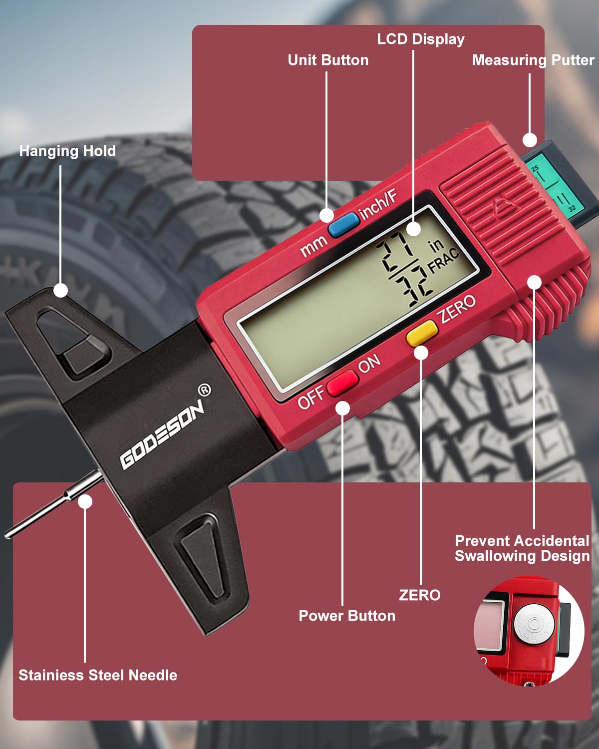 GODESON Tire Tread Depth Gauge, Digital Tire Tread Depth Gauge with 3 Modes-Fractional Inch, Decimal Inch and Millimeter, Tire Depth Gauge for Motorcycles, Cars, SUV, Easy to Read Tread Depth Gauge