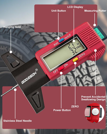 GODESON Tire Tread Depth Gauge, Digital Tire Tread Depth Gauge with 3 Modes-Fractional Inch, Decimal Inch and Millimeter, Tire Depth Gauge for Motorcycles, Cars, SUV, Easy to Read Tread Depth Gauge