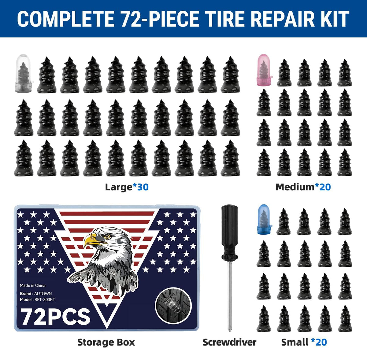 AUTOWN 72PCS Tire Repair Rubber Nail Kit - Complete Set with 3 Sizes, Storage Box & Screwdriver - for Car, Truck, Motorcycle & More