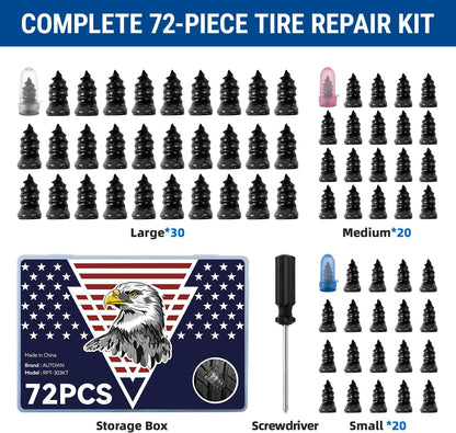 AUTOWN 72PCS Tire Repair Rubber Nail Kit - Complete Set with 3 Sizes, Storage Box & Screwdriver - for Car, Truck, Motorcycle & More