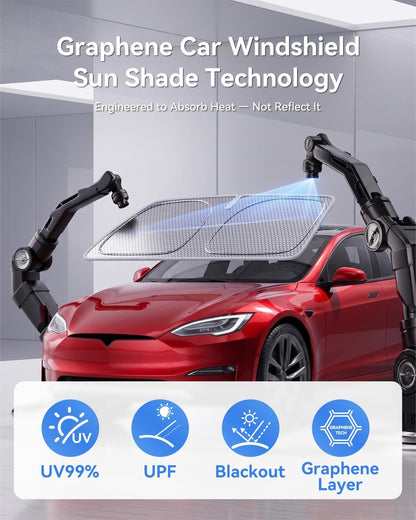 helloleiboo Graphene Car Windshield Sun Shade Car Sun Shade for Windshield with Heat Absorption Coating Foldable Design with UV Protection to Keep Your Car Interior Cooler Silver (X-Large-61 × 34 in)