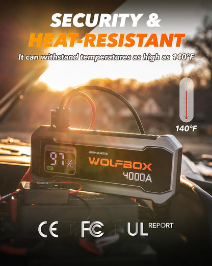 WOLFBOX 4000A Jump Starter,12V Car Battery Jumper Starter Portable with 65W Quick Charger,LED Display,88.8Wh Booster Jump Box Pack (10L Gas 10L Diesel Engine) with LED Light,Jumper Cables, MV24