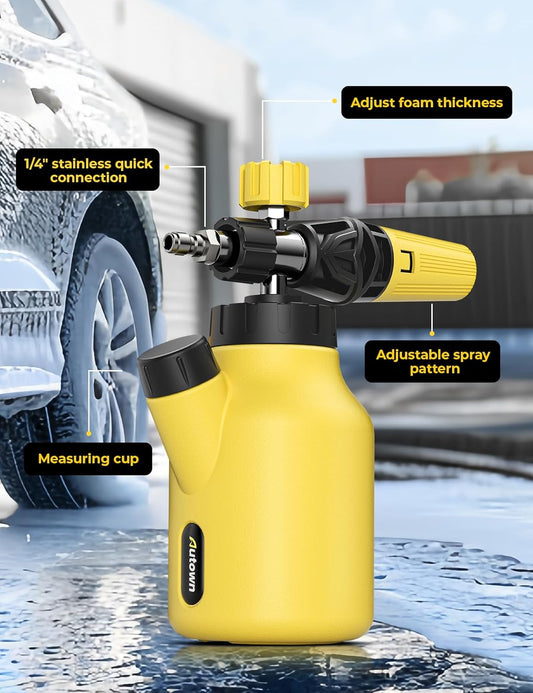 AUTOWN Foam Cannon for Pressure Washer, Car Wash Foam Sprayer with 1/4” Quick Connector, Heavy Duty Car Wash Foam Gun, Adjustable Nozzle, Wide Neck, 1 L Bottle