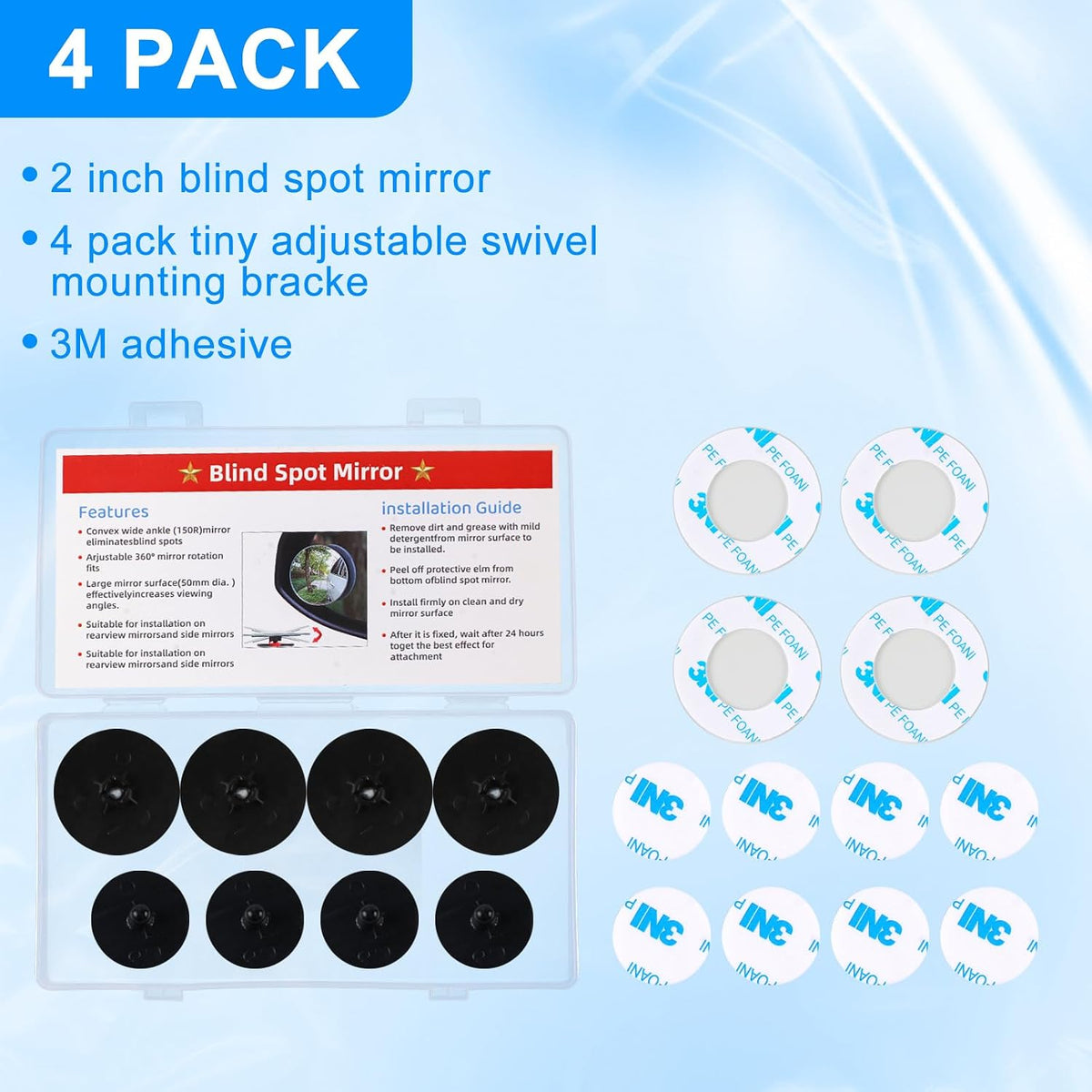 Guirnd 4PCS Blind Spot Mirror, Round HD Glass Side Blindspot, Frameless Convex Mirror Car with Self Adhesive Back for Cars, SUV, Trucks, Universal Vehicles