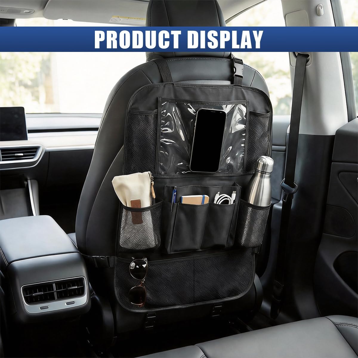 Craedli Car Backseat Organizer, Oxford Cloth Auto Seat Kick Mats with Clear Tablet Holder & 9 Pockets, Waterproof Back Seat Protector, Universal Car Road Trip Storage Essential (1PC)