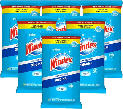 Windex Wipes Glass Cleaning, Pre-Moistened Glass and Surface Wipes to Clean Home Surfaces, Household Essentials, Original Scent, 38 Count (Pack of 1)