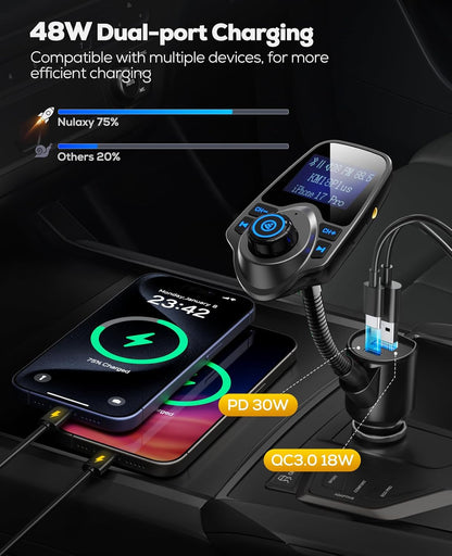 Nulaxy KM18 Plus Bluetooth 5.4 Car Adapter with 48W Fast Charging PD 30W & QC3.0 18W, 1.44" Screen Wireless Radio FM Transmitter with Flexible Gooseneck, Supports Hands-Free Call, TF Card & AUX, Black