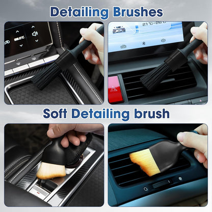 Windshield Cleaner Tool, Car Interior Cleaning Kit with Extendable Handle and 3 Reusable Microfiber Pads, Auto Glass Wiper and Detailing Brush Kit for Car & Home Window, Blue