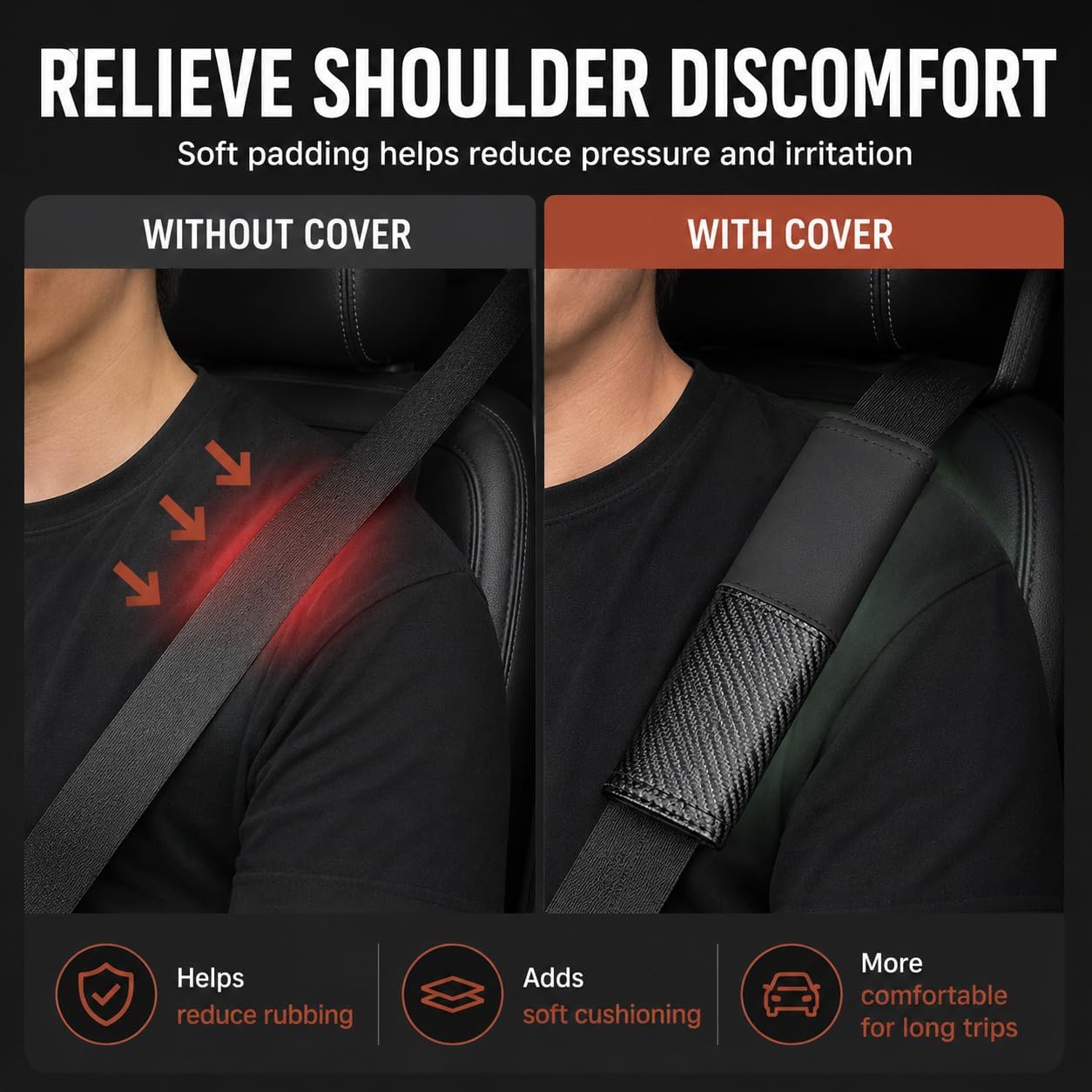 2 PCS Car Seat Belt Cover Pads - Seatbelt Covers with Carbon Fiber & Faux Leather, Soft Shoulder Strap Cushion for Neck & Shoulder Pain Relief, Universal Fit for Car Truck Accessories(Black)