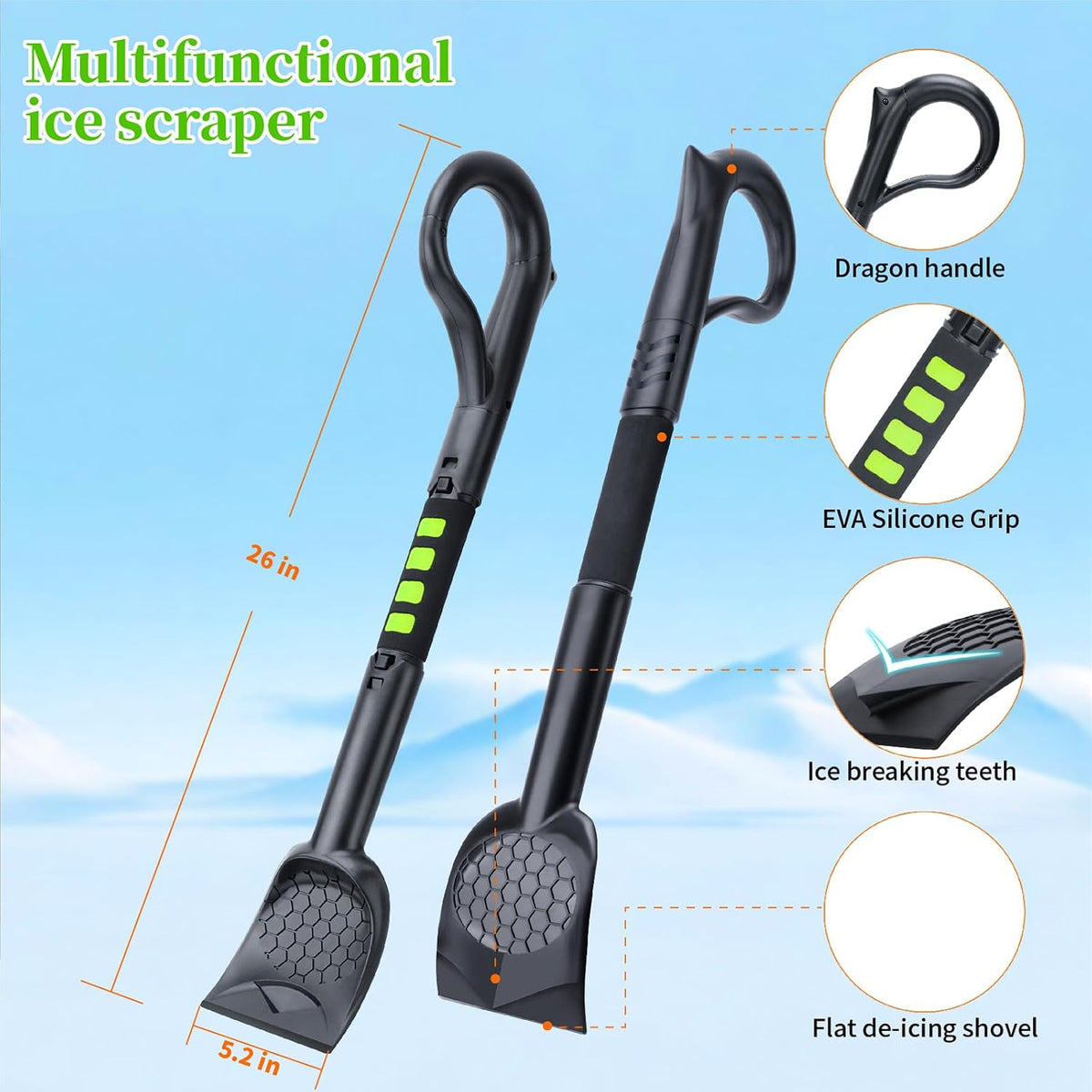 45.6" Ice Scraper and Snow Brush for Car Windshield [Silicone Bristles] ,3-in-1 Extendable Emergency Snow Shovel with Ergonomic Foam Grip and 360° Pivoting Brush Head for Christmas, Car Auto Truck SUV