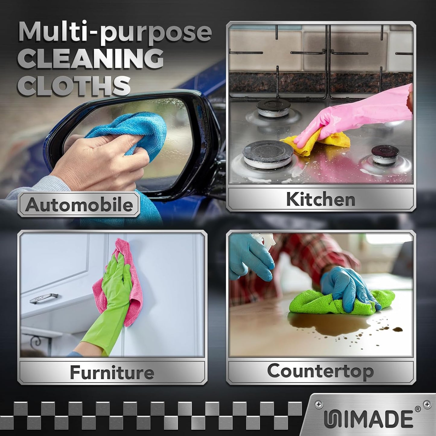 UNIMADE Microfiber Cleaning Cloth, 100 Pack Microfiber Towels for Cars Commercial Grade Work Rags Bulk Detailing Cloth for Automotive Bar Mechanic Restaurant Garage Housekeeping, 11.5"x 11.5", Grey