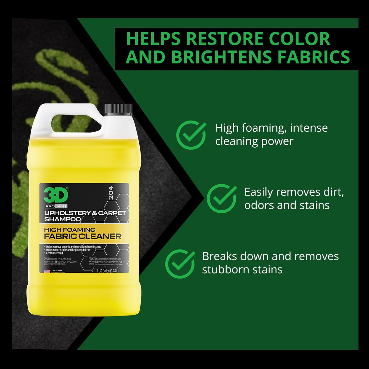 3D Upholstery & Carpet Shampoo - High Foam Stain Remover & Odor Eliminator Shampoo 16oz.