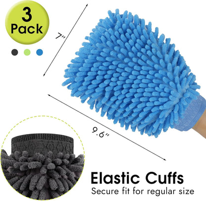 3 Pack Chenille Microfiber Car Wash Mitt, 7" x 9.6" Car Washing Mitts, Home Dusting Gloves, Scratch Free Lint-Free, Highly Absorbent, Double Sided, for Cleaning Detailing Polish (Green)