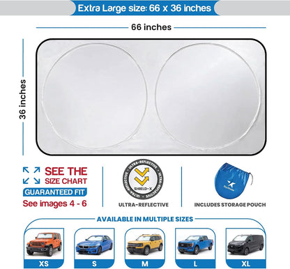 EzyShade Windshield Sun Shade with Shield-X Reflective Technology. See Size-Chart with Your Vehicle. Foldable 2-Piece Car Sunshades Reflect UV Sun and Heat and Protect Your Car. Standard (Medium) Size