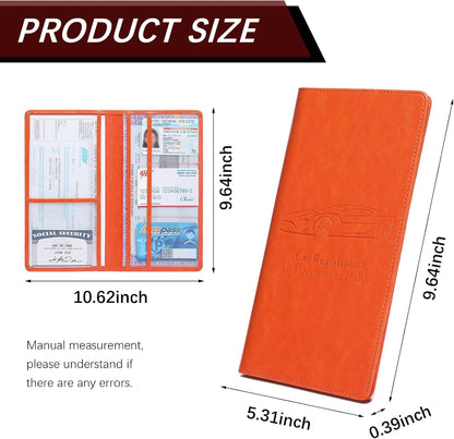 Car Registration and Insurance Card Holder for Women Men, Orange Glove Box Paperwork Organizer with Magnetic Buckle for Easy Access and Protect Documents and Various Cards in Vehicle