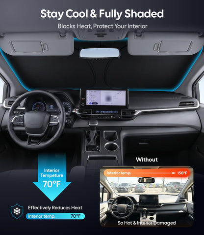 Wigoo Tesla New Model Y Accessories Windshield Sunshade [OEM Design, 100% Sun Blockage] Foldable Heat Insulation Sunshade with Storage Bag, for Model Y 2020~2026 (Juniper), Silver Coating - Colors B