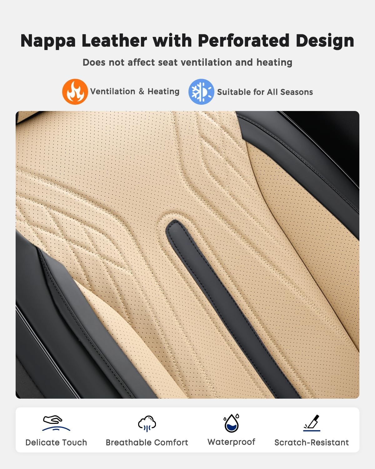 Huidasource Coffee Seat Covers Full Set, Universal Fit for Most Cars Trucks SUV, Full Coverage Leather Seat Cover, Airbag, Cupholder Compatible, Velcro Adjustable, Heaating/Cooling Function Retain