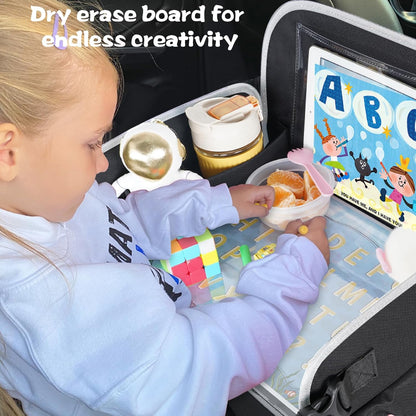 MENZOKE Kids Travel Tray for Toddler Car Seat, Road Trip Activities for Kids with iPad Holder Stand & Dry Erase Board, Road Trip Essentials Accessories Lap Tray as Travel Gifts for Kid, Pink